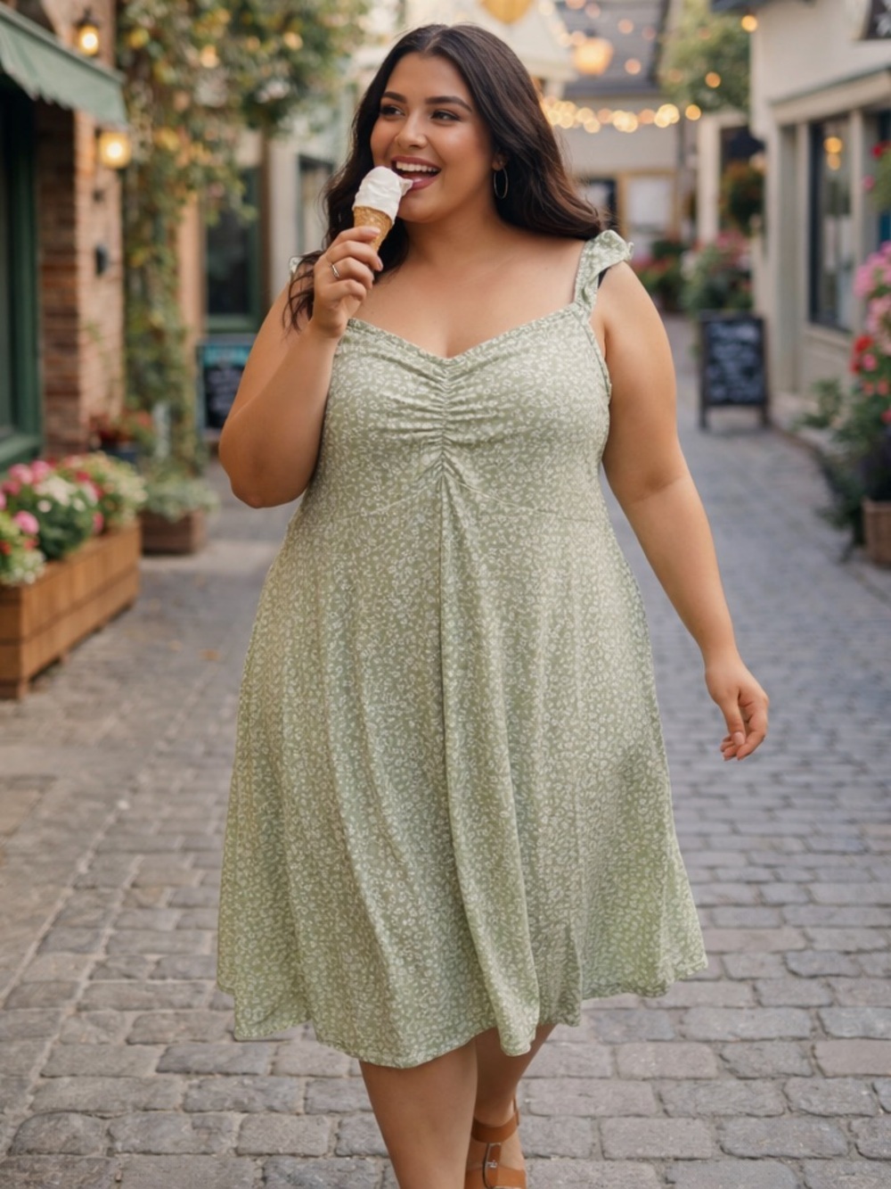 Hot Kiss Light Sage Green and White Floral Midi Dress XL